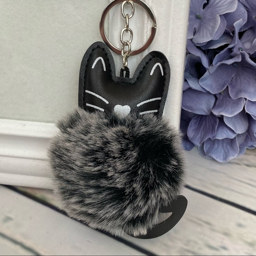 Black Kitty Cat with Grey Pom Pom Keychain - Picture 8 of 16